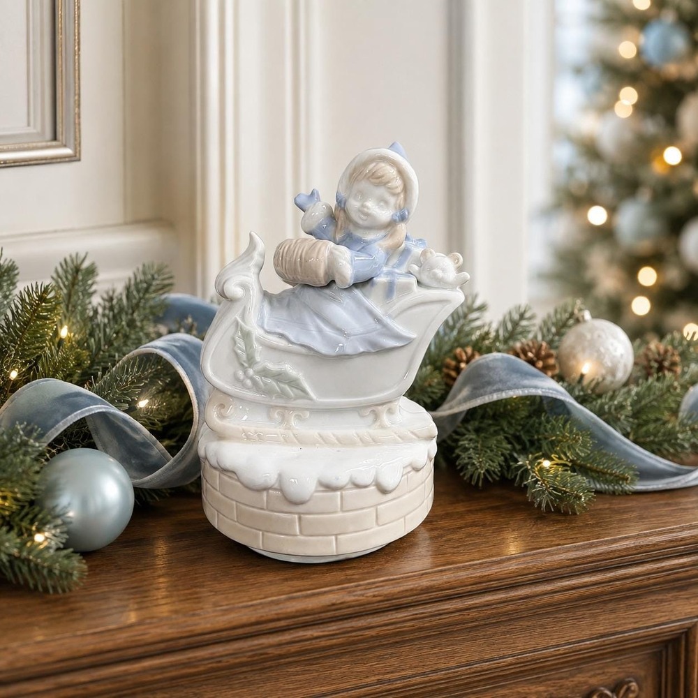 Vintage Japan Porcelain Music Box - Girl in Sleigh - Bisque Christmas Figurine